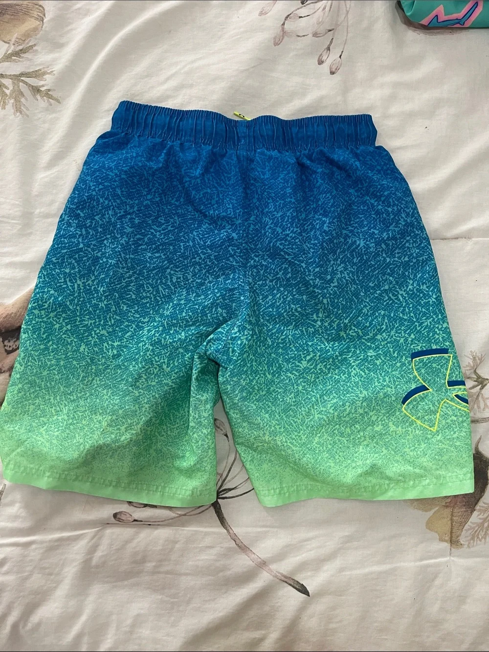 Under Armour Boy’s Blue to Green Ombre Athletic Shorts with Neon Drawstring